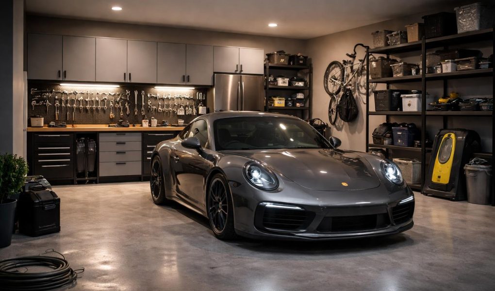 garage-moderne-voiture-elegante-etageres
